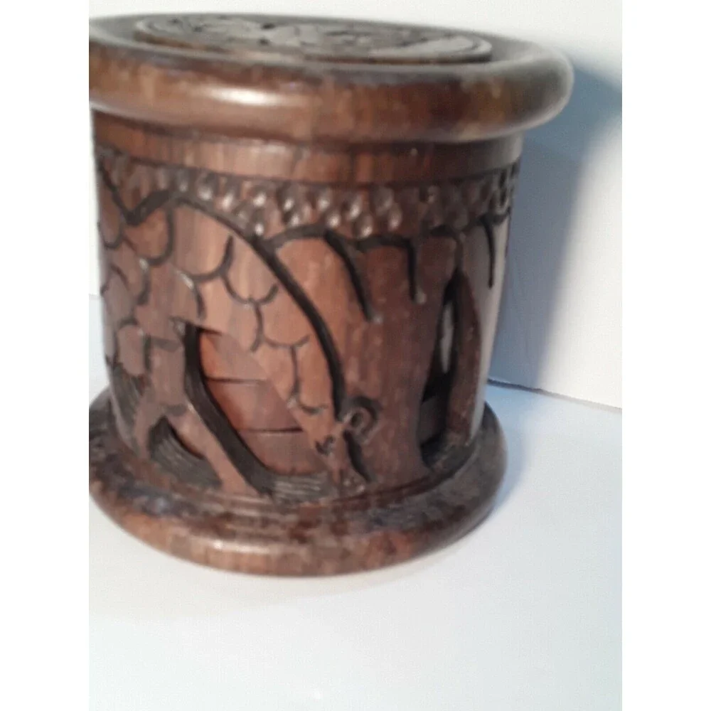 Drink Coaster Set,Wood Carved Set with Holder. African Animal Theme 7 Piece